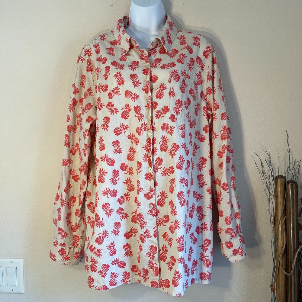 Paradise Shores Linen Cotton Pineapple roll sleeve button front XL